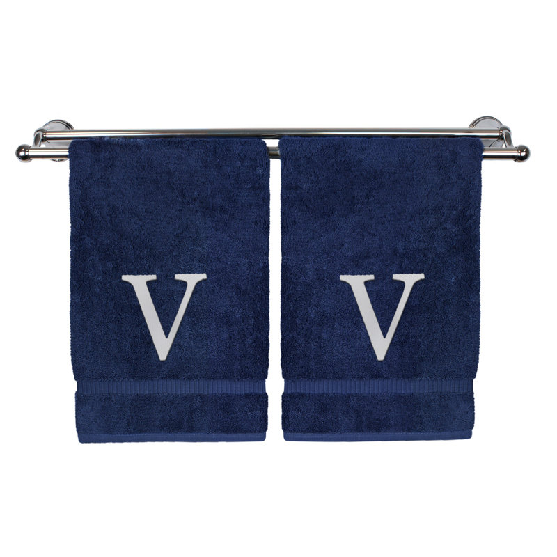 Essuie-mains monogrammés - ensemble de 2 - lettre bloc, Bleu marine/blanc, V