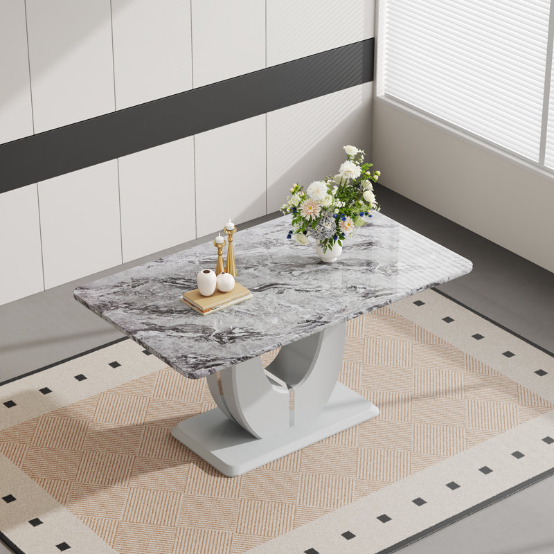 Avdain 63" Modern American Rectangular Faux Marble Top Dining Table with U-shaped Pedestal Base, Gray
