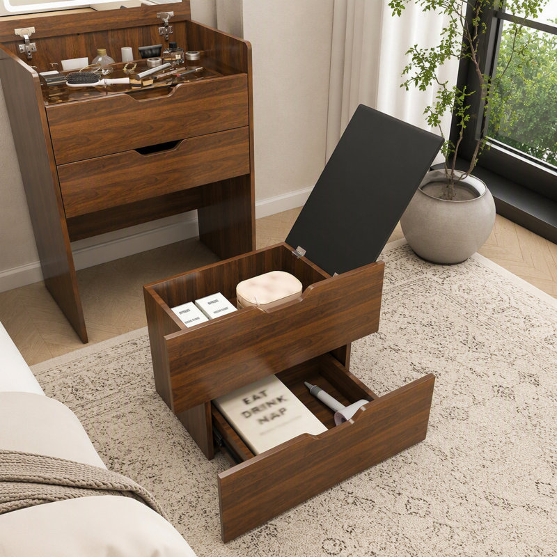 Bureau de coiffeuse 3-en-1 avec miroir éclairé à DEL et tabouret, coiffeuse à maquillage multifonctionnelle avec rangement caché, ensemble de coiffeuse compact pour le vestiaire de la chambre à coucher