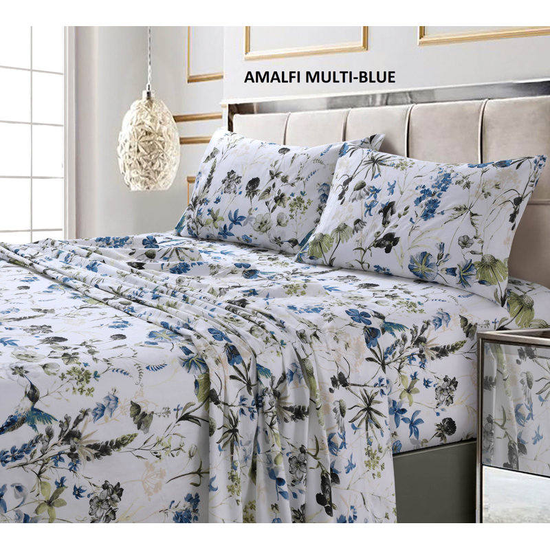 Queen Size Blue Cotton Floral Print Deep Pocket Sheet Set