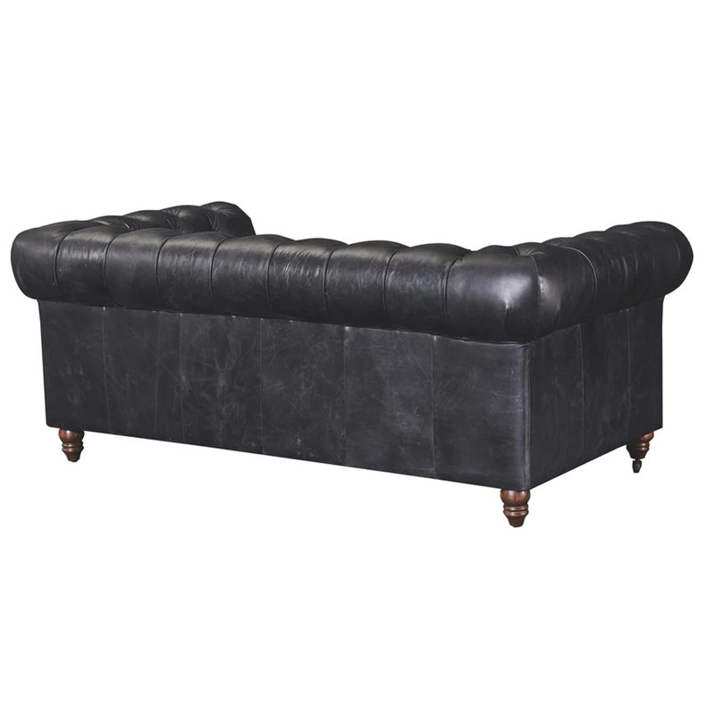 Causeuse Chesterfield à accoudoirs roulés en cuir véritable de 72 po Jarique, Cuir véritable noir