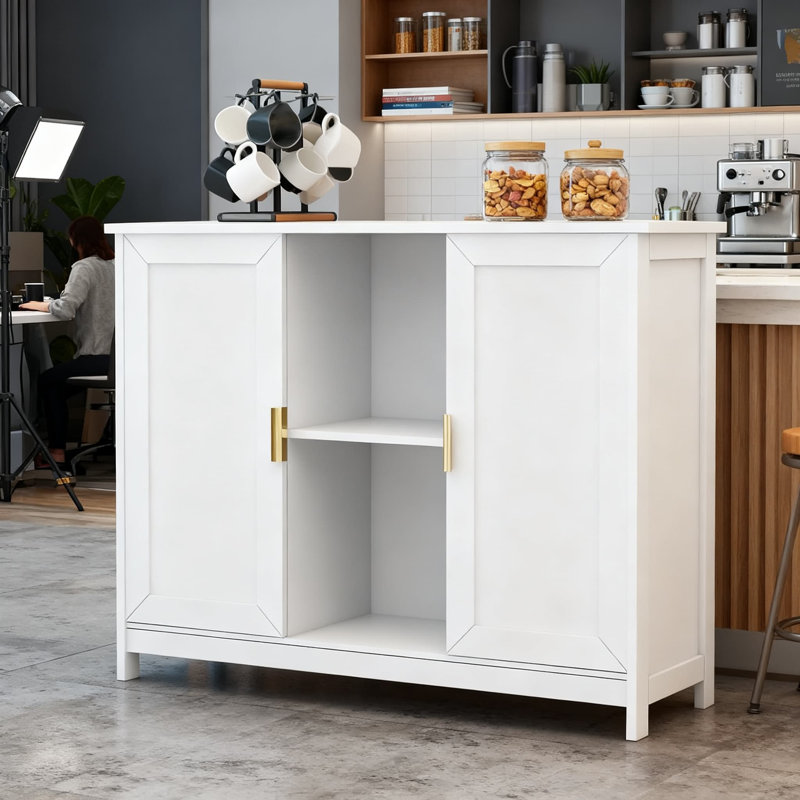 Buffet étroit avec portes de rangement, crédence moderne blanche pour vestibule, salon et salle à manger