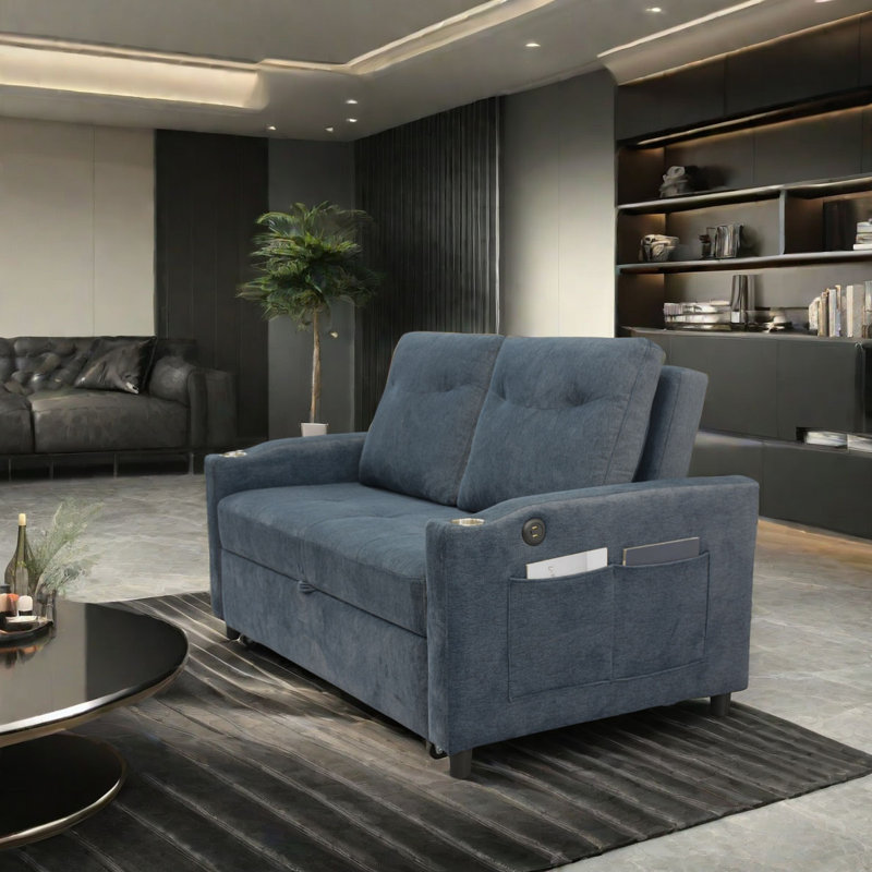 53.2'' Small Loveseat Pull-Out Sofa Bed - Adjustable Backrest, Gray Fabric