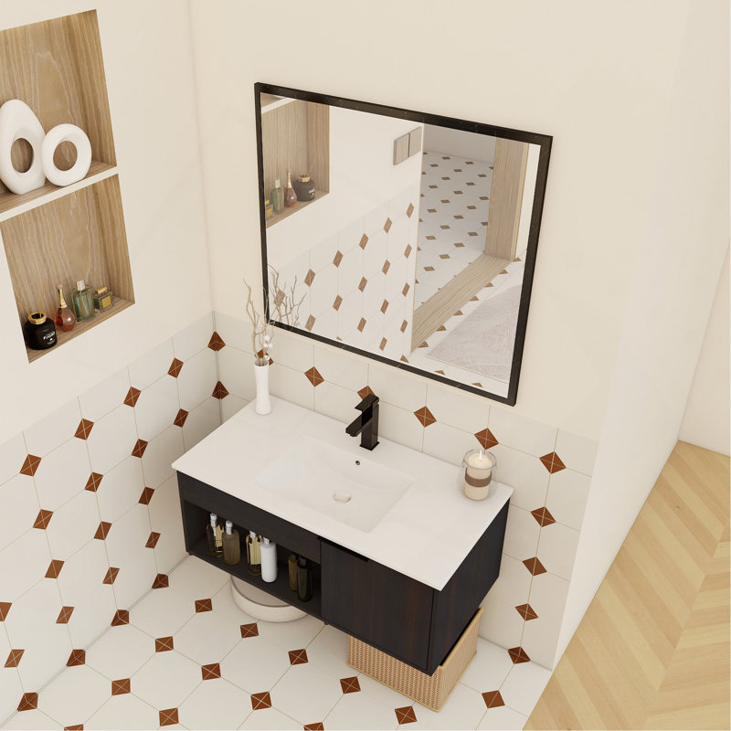Meuble-lavabo flottant mural 36 po avec lavabo en céramique 36 po - Armoire moderne en chêne foncé avec tablette ouverte et porte à fermeture en douceur, espace de rangement spacieux (robinet et drain non inclus)