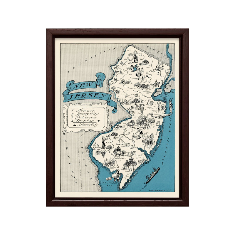 Carte illustrée du New Jersey, Canevas, H 08 po x l 10 po, Encadrement brun