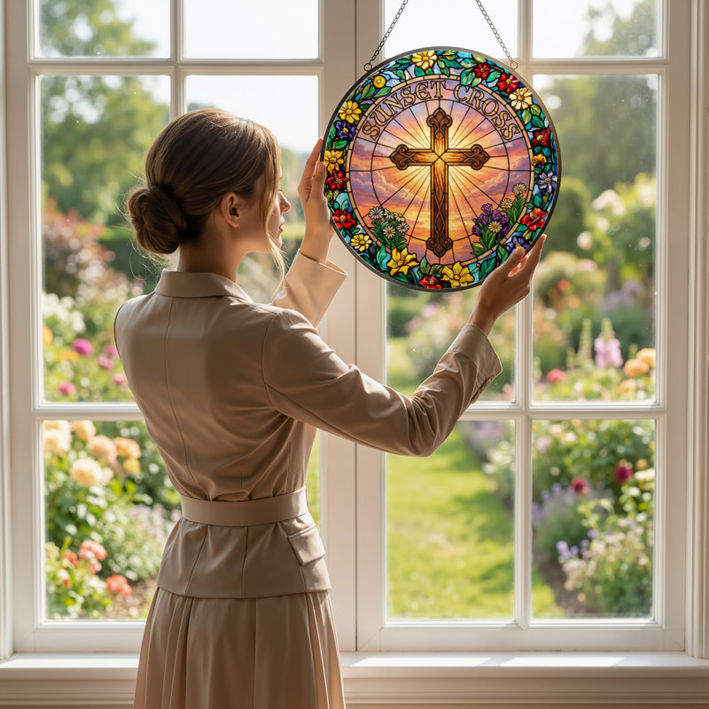 12"H Sunset Cross Stained Glass Window Panel, 12" H x 12" W