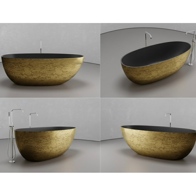 Vast Studio 62.8” x 30.3” Metallic Freestanding Oval Bathtub –Textured  Aged Brass/Black Deep Soaking Tub with Dual-Tone Interior & Exterior, Sculpted Modern Luxury Finish