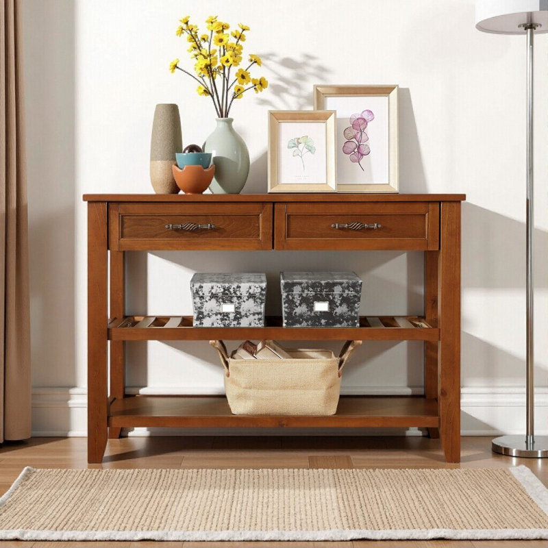 Console Mid-Century avec 2 tiroirs et 2 tablettes à 2 niveaux, buffet rustique en bois massif pour le salon, l'entrée et plus - brun