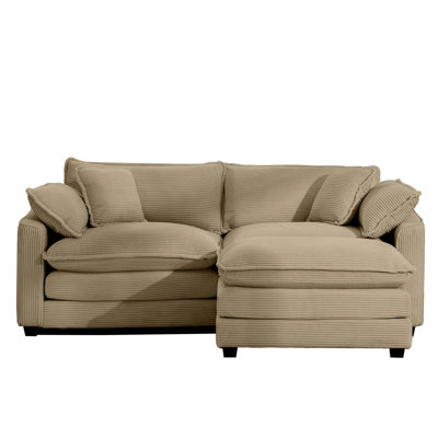 Corduroy Two-Seater Sofa  With 1 Footrest, L-Shaped 2-Seater Sofa With Ottoman For Small Living Spaces, Tan Corduroy Sofa