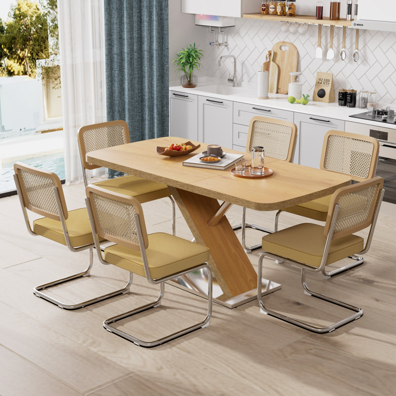Ensemble de table de salle à manger extensible Modern Farmhouse pour 4 à 6 personnes, Naturel, 7, Brun