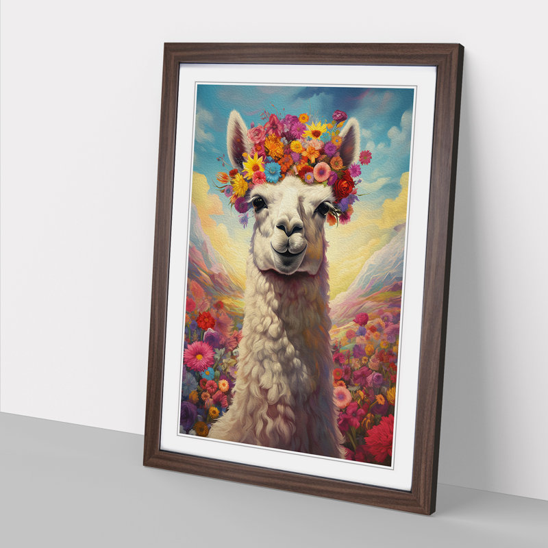 Llama Informel - Single Picture Frame Print on Wood, 46cm H x 34cm W x 2cm D, Walnut Framed