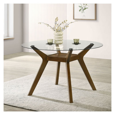Table de salle à manger ronde Flynn avec plateau en verre et piètement en hévéa brun, style moderne du milieu du siècle, 4 couverts