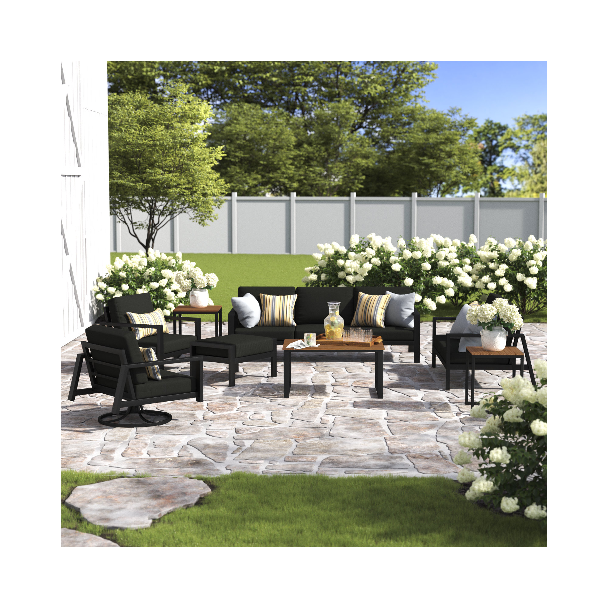 Townsend 7 Piece Sofa Seating Group with Sunbrella Cushions, Canvas Black Sunbrella® Canvas, Mahogany