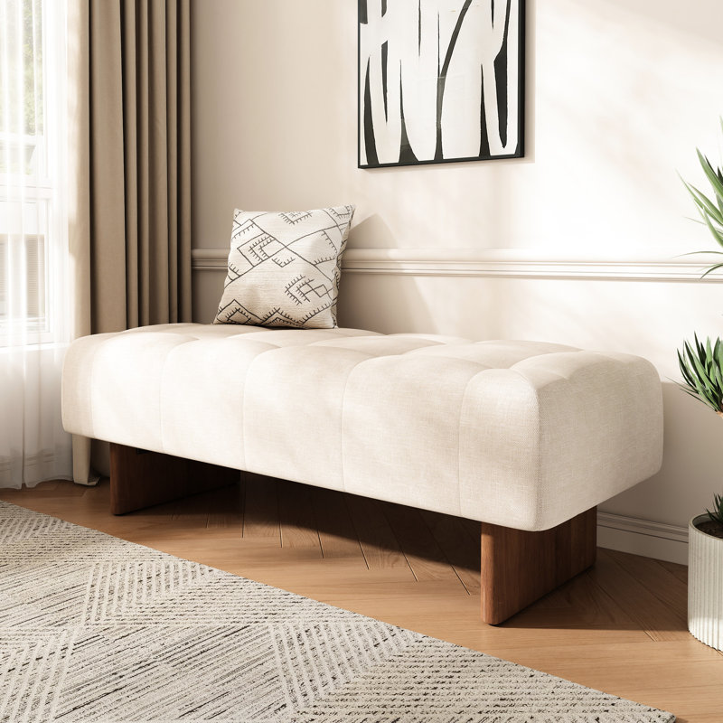 Banc rembourré beige capitonné en tissu de lin avec pieds en bois massif - Élégant et robuste