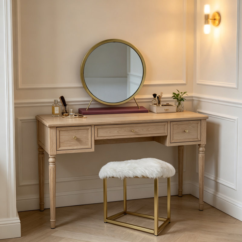 Tabouret de coiffeuse minimaliste moderne en fausse fourrure blanche avec structure en métal doré et miroir rond HD à base rose