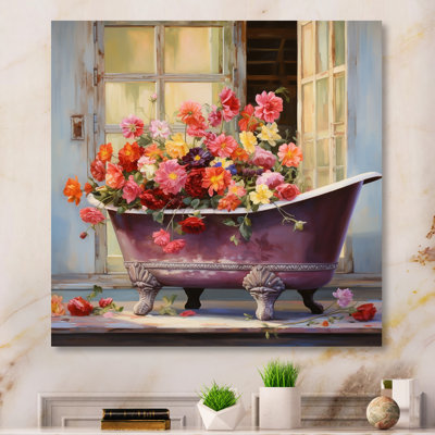 Baignoire rétro avec floraison de tulipes jaunes et rouges I - impression