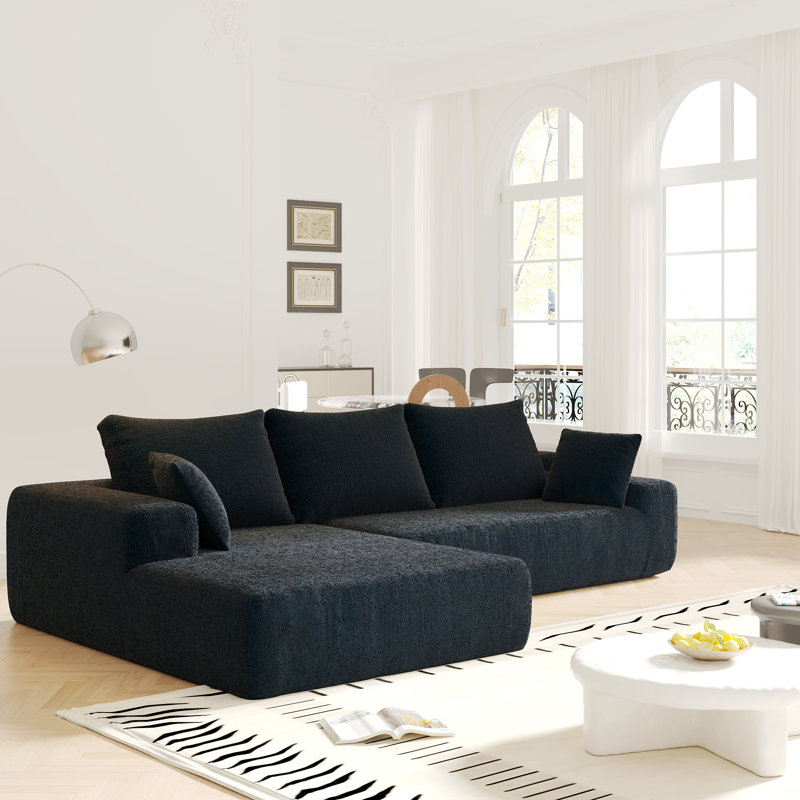 Boneless L-shaped Modular Foam-filled with Spring Support Simple Living Room Sofa, Black Chenille