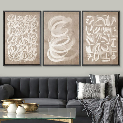 Abstract Pastel Lines " IDEA4WALL Framed Canvas Print Wall Art Set Geometric Brown White Paint Collage Shapes Abstract Illustrations Modern Art Decorative Nordic Calm/Zen For Living Room, Bedroom, Office " 3 - Pieces