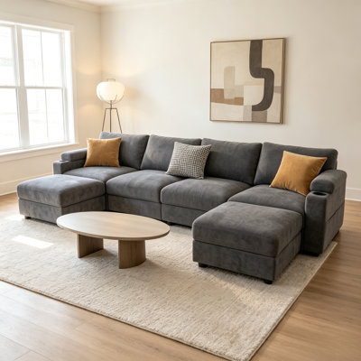 Canapé d'angle modulaire surdimensionné en forme de U de 295 cm (116 pouces), 6 places, confortable, en chenille, avec assise profonde et pouf amovible.