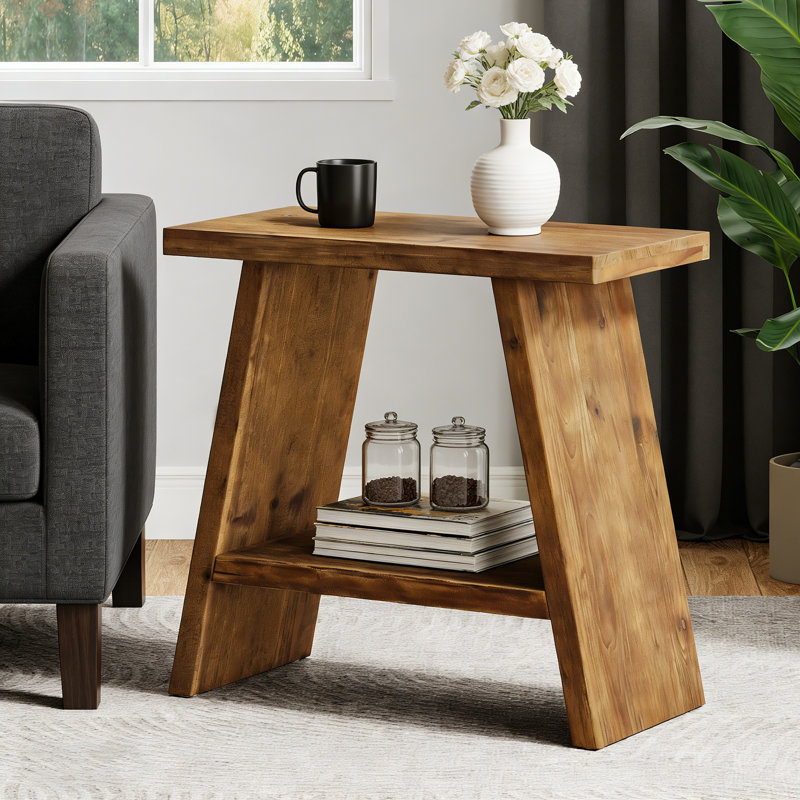 Solid Wood 2-Tier End Table, Sofa Side Table with Storage Shelf