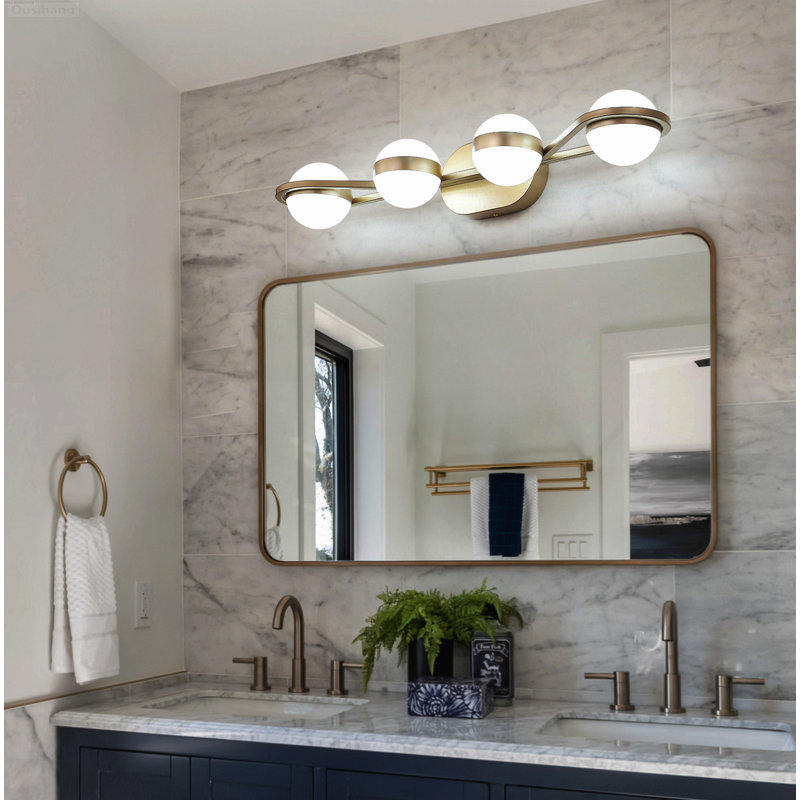 Luminaire de meuble-lavabo moderne à 4 lumières DEL avec abat-jour sable en cristal, H 4,7 po x l 28,9 po x P 6,7 po, Brass