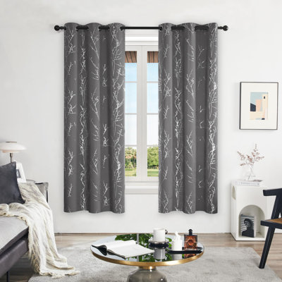 Silver Tree Branches Printed Pattern Blackout Grommet Curtains (Set Of 2)