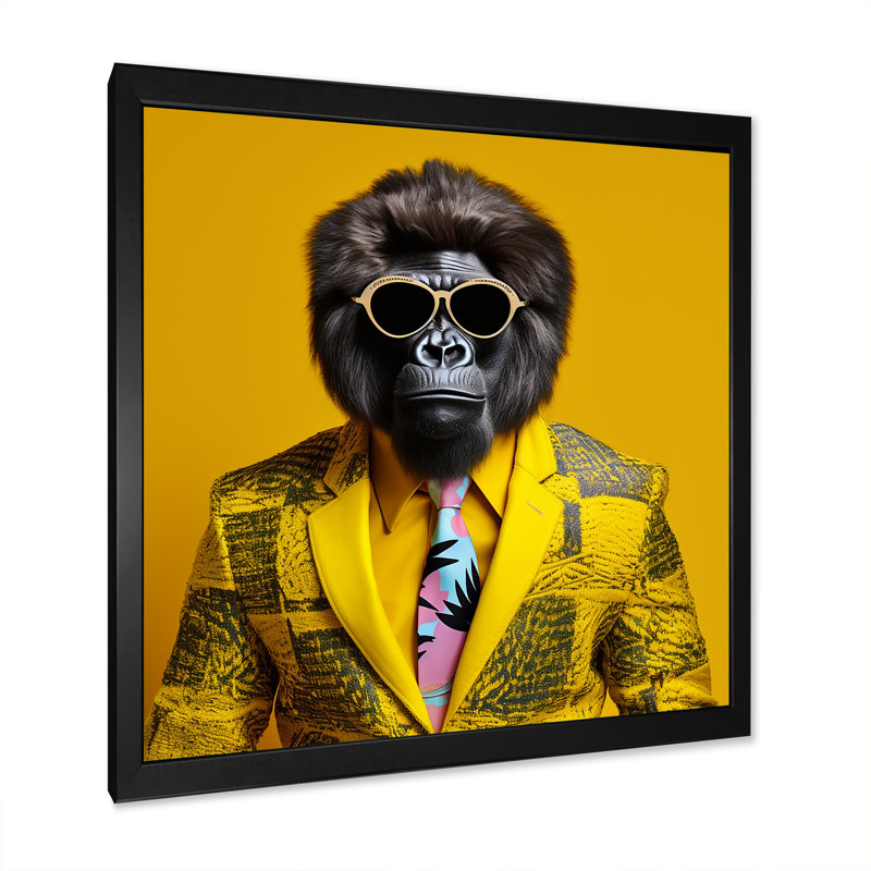 Jaune gorille en costume I - art mural gorille, Cadre simple noir, H 30 po x l 30 po x P 1,5 po