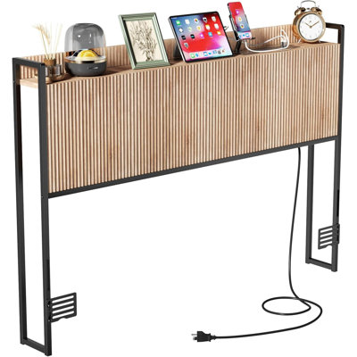 Tête de lit très grand seulement avec prises de courant, tête de lit murale cannelée en bois avec rangement, hauteur réglable, support de rangement, robuste et stable, assemblage facile (chêne, très grand)