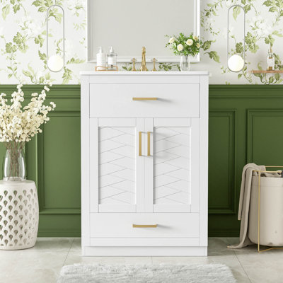 24" Bathroom Vanity with Integrated Ceramic Sink, Bathroom Cabinet with 2 Doors, 1 Tip-out Drawer, Single Sink Bathroom Vanity for Small and Medium Restroom