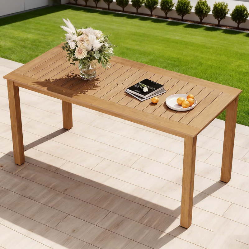 All Weather Rectangular Patio Table With Umbrella Hole And Aluminum Frame - Outdoor Furniture For Outside Backyard/Garden/Pool/Porch/Deck