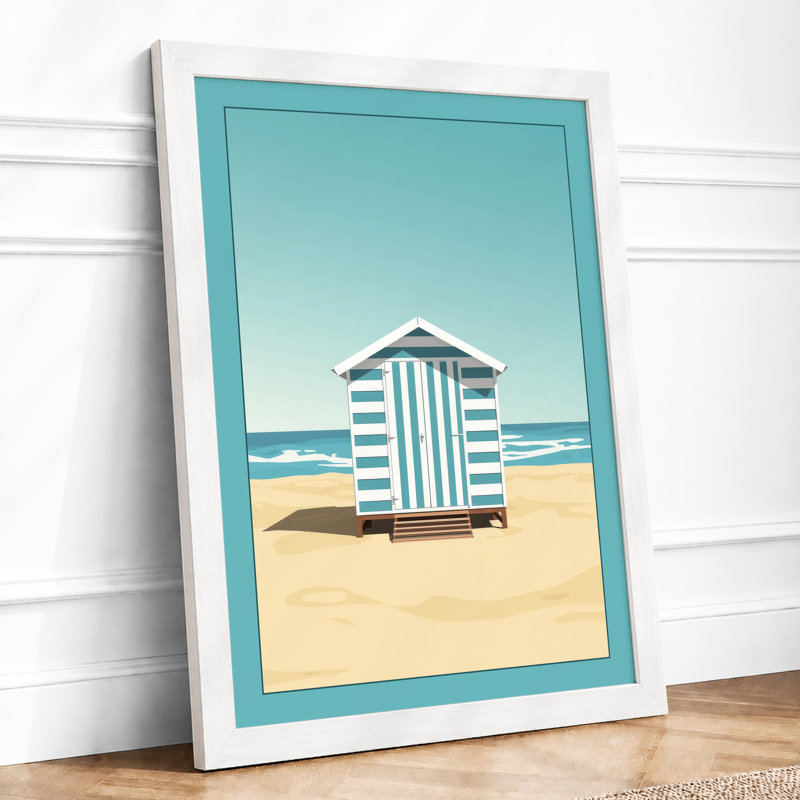Striped Beach Hut Coastal - Framed Print, A3 - 42.0 x 29.7 cm, White
