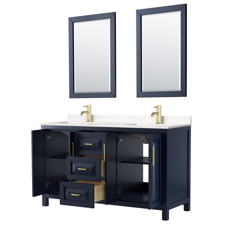 Daria 60'' W Double Vanity, Carrara Cultured Marble, Dark Blue, Brushed Gold