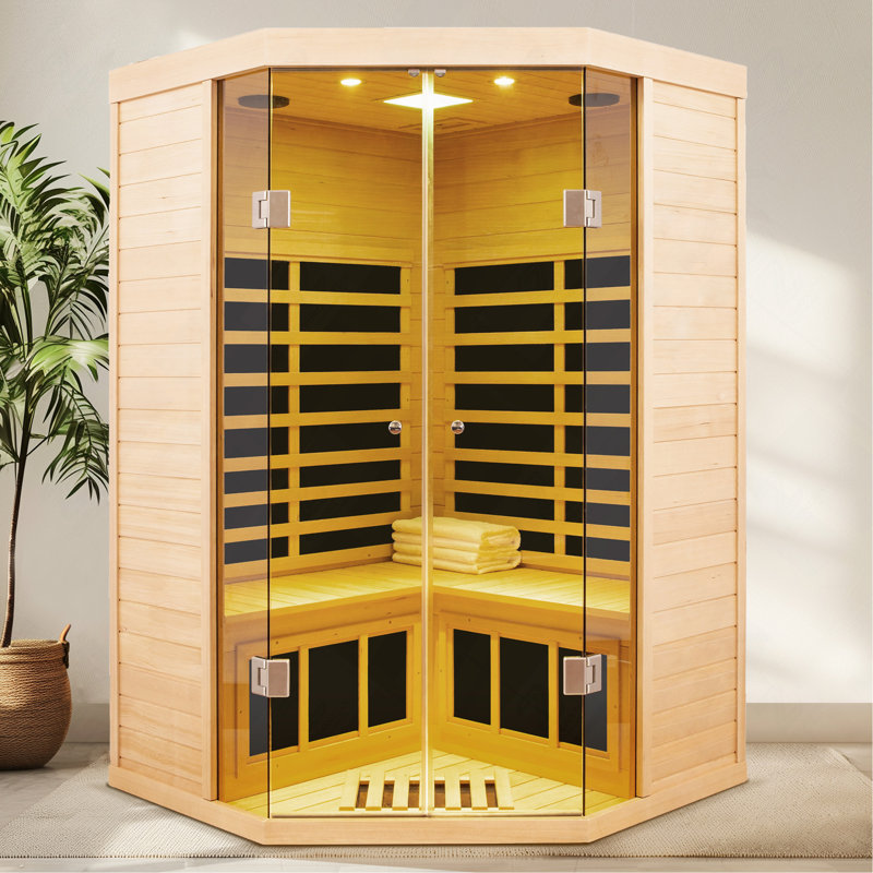 Deluxe 2-Person Far-Infrared Hemlock Corner Sauna Room with Full Transparent Glass Front