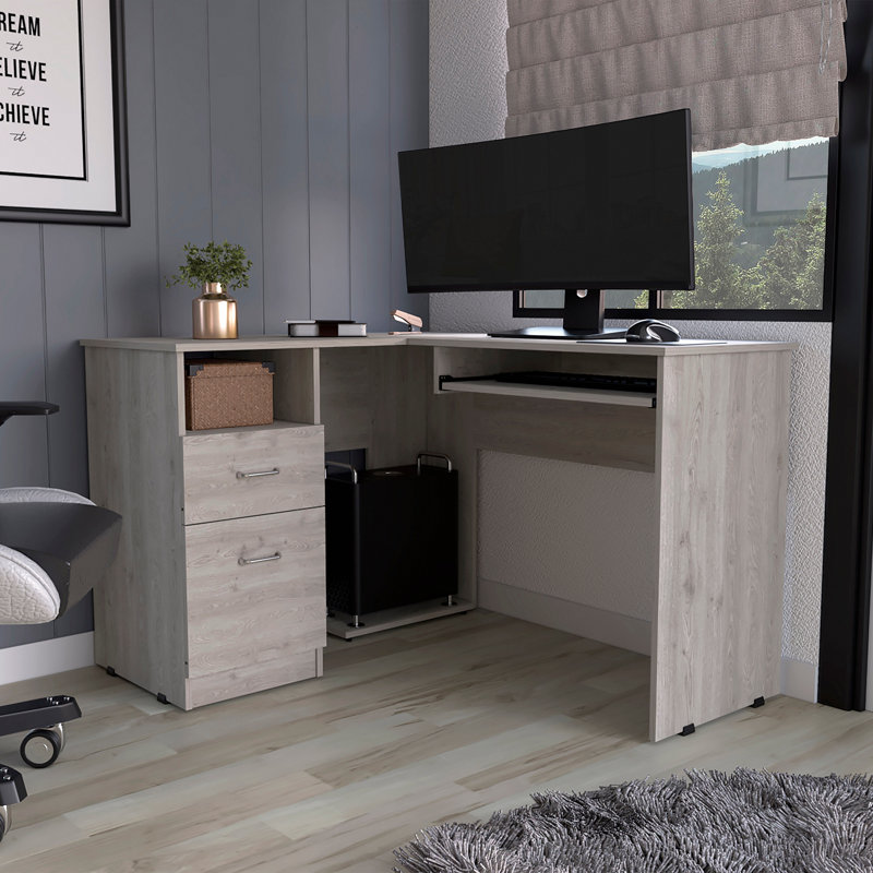 Bureau d'ordinateur en L gris à 2 tiroirs et 1 tablette, Gris