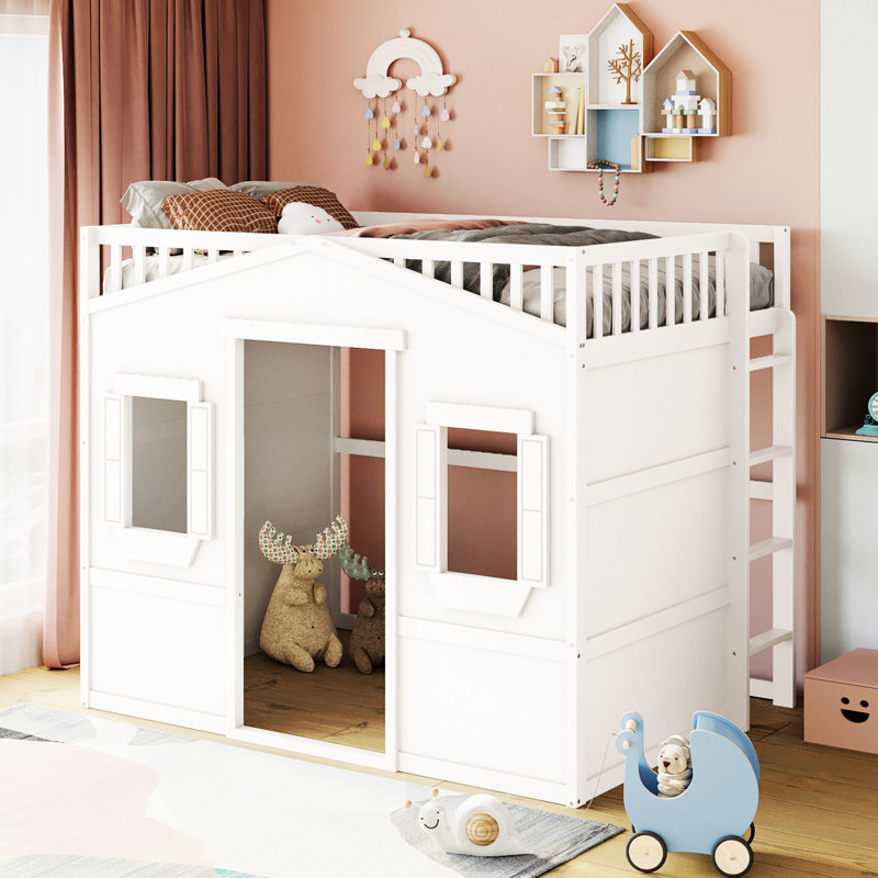 Lit mezzanine blanc avec structure en bois massif pour une chambre à coucher confortable, Full