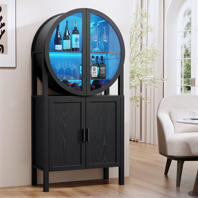 Rounded Wine Bar Cabinet With Led Lights, 65" Tall Storage Cabinet With Glass Doors & Shelves, Modern Liquor Coffee Bar Cabinet With Human Body Senso by Wrought Studio