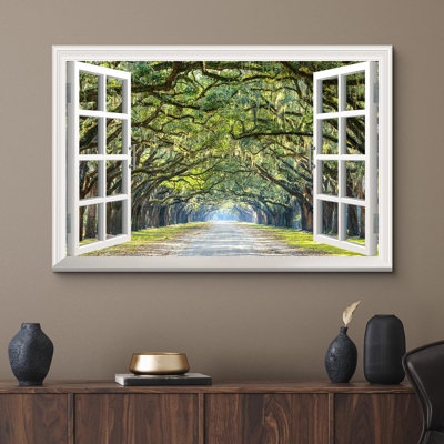 Window Scenery " Modern White Window Looking Out Into A Road With A Tunel Of Trees "