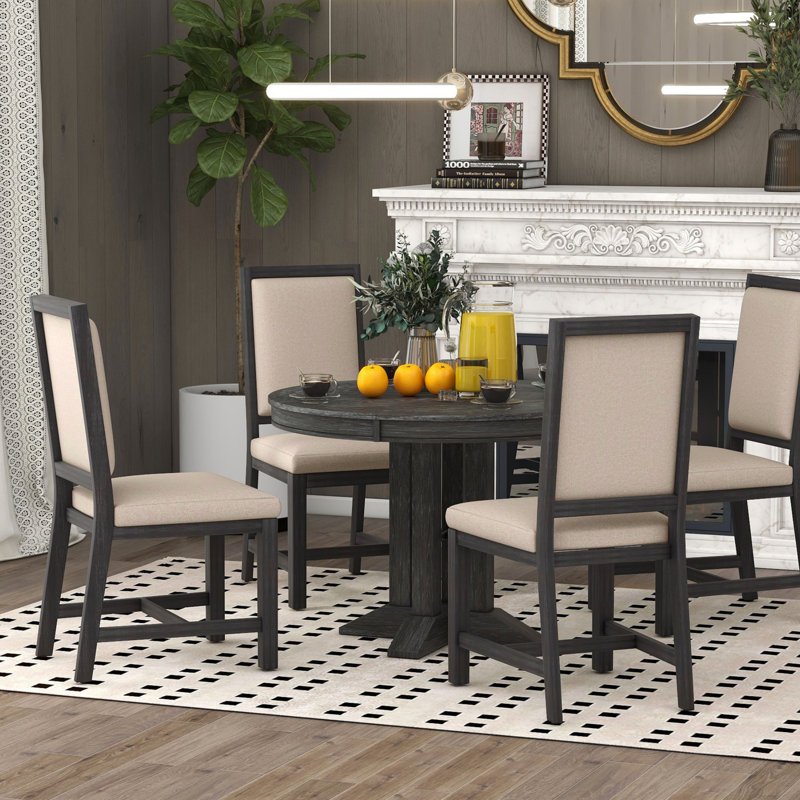 Ensemble de salle à manger 5 pièces avec table ronde et 4 chaises rembourrées pour la cuisine et la salle à manger, Noir