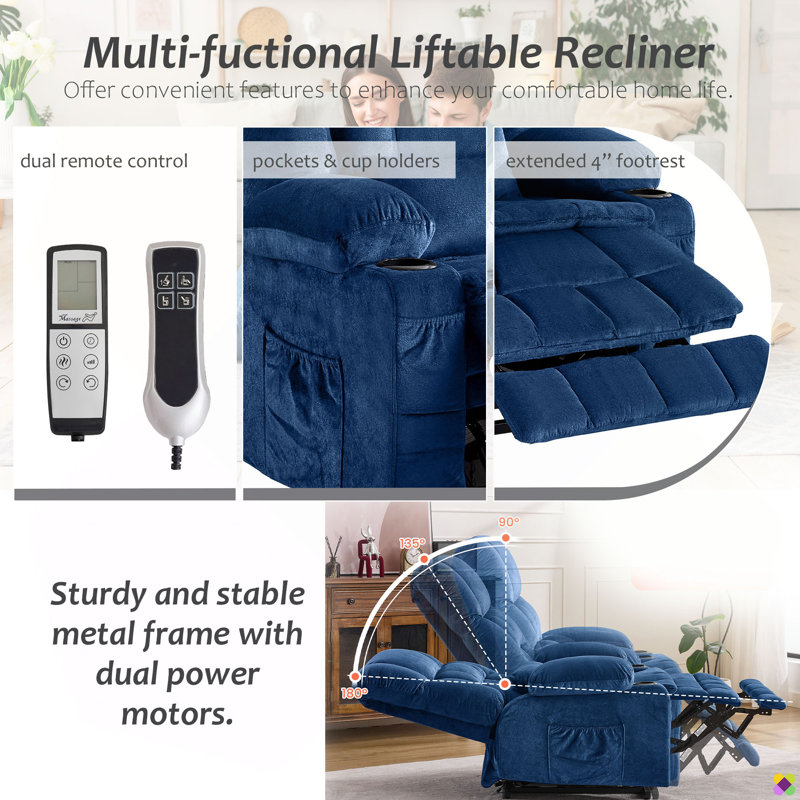 Brisen 37.8"W Liftable Recliner, Dual Motors, Dual Remote Control, Extended Footrest, Lumbar Cushion, Blue