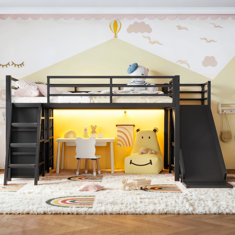 Lit mezzanine simple en métal avec glissière réversible, tiroirs de rangement, tablettes et éclairage DEL, Black