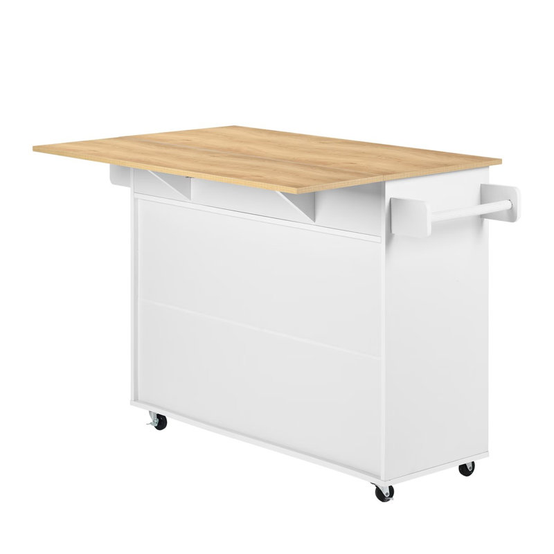 Îlot de cuisine sur roulettes de 56,6 po de largeur avec abattants, armoires et tiroirs de rangement, grand chariot à roulettes avec poignée pour porte-serviettes ou mobilité libre, îlots portatifs pour la cuisine, la salle à manger, le bar