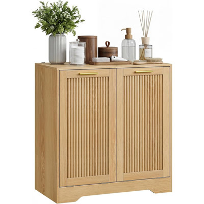Armoire à linge à double ouverture basculante avec paniers dissimulés et portes cannelées, fini naturel
