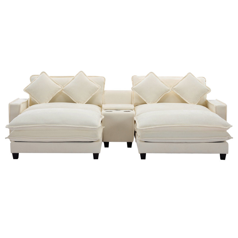 111" Sectional Sofa Chenille Upholstered Sofa With Two Removable Ottoman, Beige Chenille