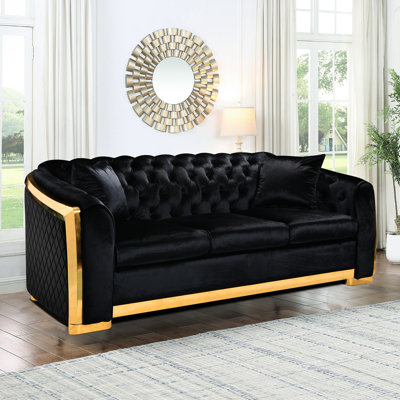 Canapé de luxe noir en velours 3 de 84 pouces avec or inoxydable pour l'espace de vie de 84 pouces en acier inoxydable