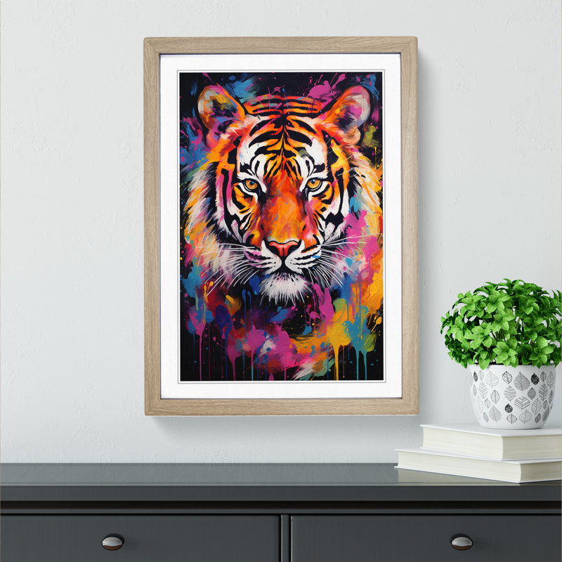 Tiger Colour Field No.2 - Single Picture Frame Rectangle Print on Wood, 34cm H x 25cm W x 2cm D, Oak