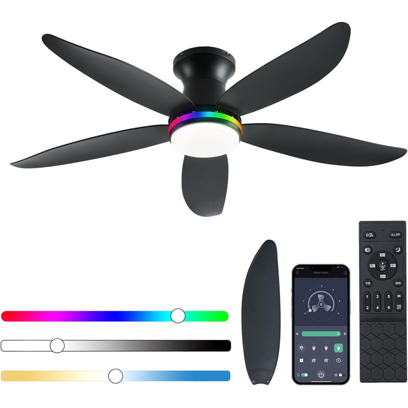 Ceiling Fan With Light, 48" RGB Low Profile Ceiling Fans With Lights And Remote Control, Dimmable, DC Reversible Motor, Noiseless, 6 Speeds Flush Mount Ceiling Fan For Bedroom