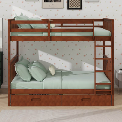Bunk Beds With 2 Storage Drawers, Solid Wood Frame, Ladder & Safety Rail – Convertible Design