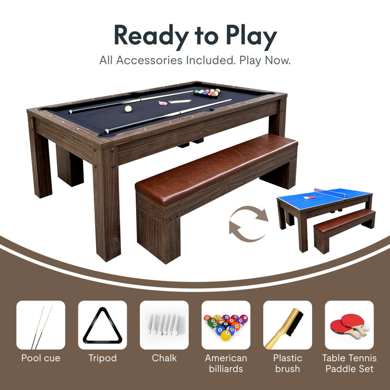 7Ft 3-in-1 Multi Game Table – Pool, Ping Pong & Dining Table with 2 Padded Storage Bench