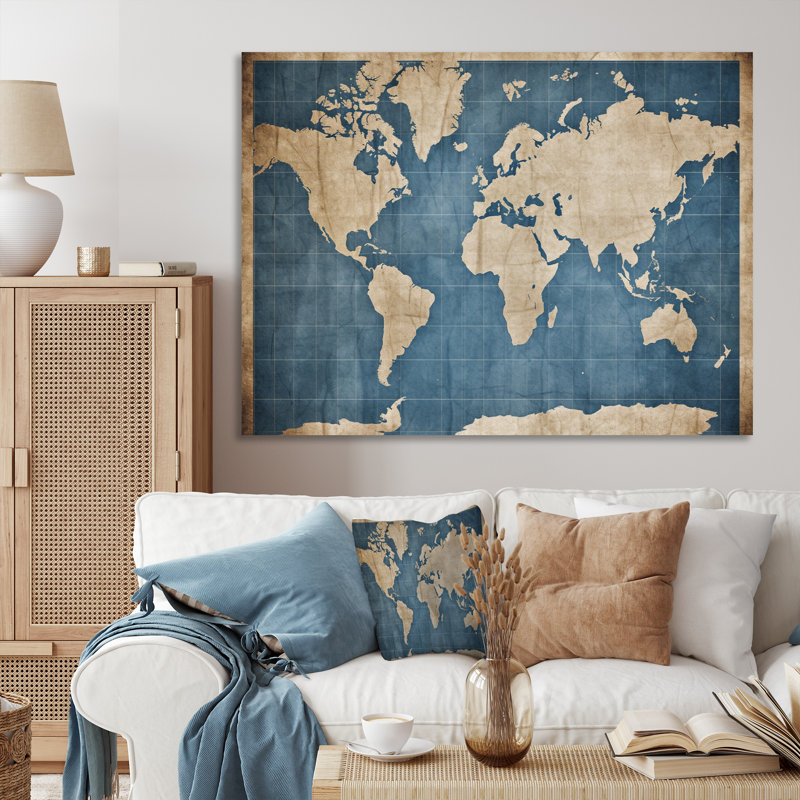 Ancienne carte du monde IV sur toile, H 16 po x l 32 po x P 1 po, Toile tendue