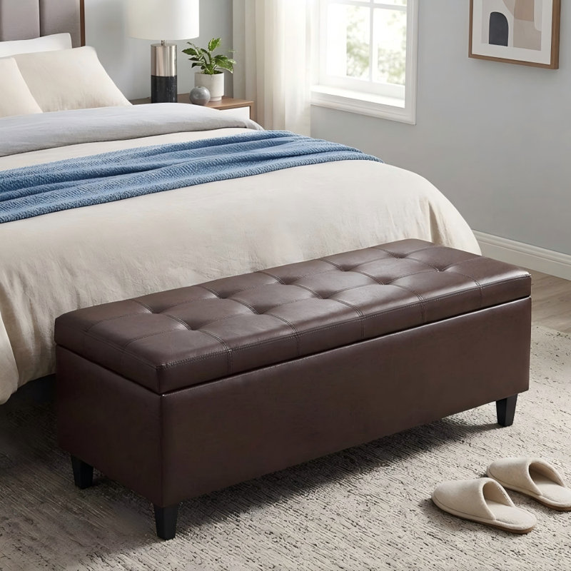 50.5‘ Wide Tufted Faux Leather Upholstered Storage Bench, Brown